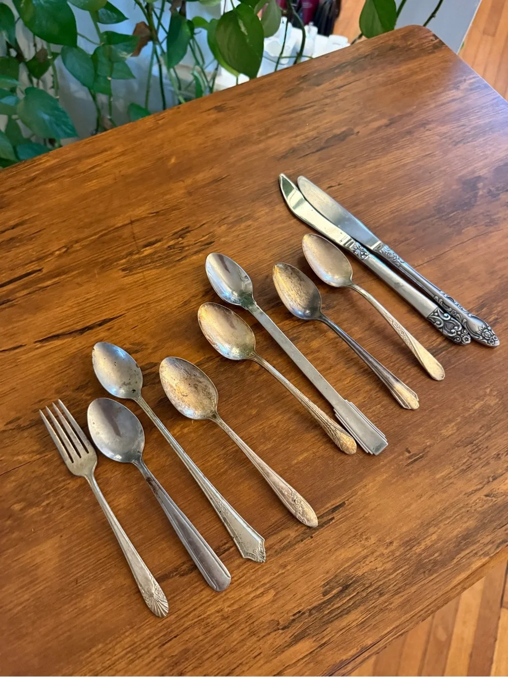 Vintage Mixed-Pattern Stainless Flatware Set in Tarnished Silver